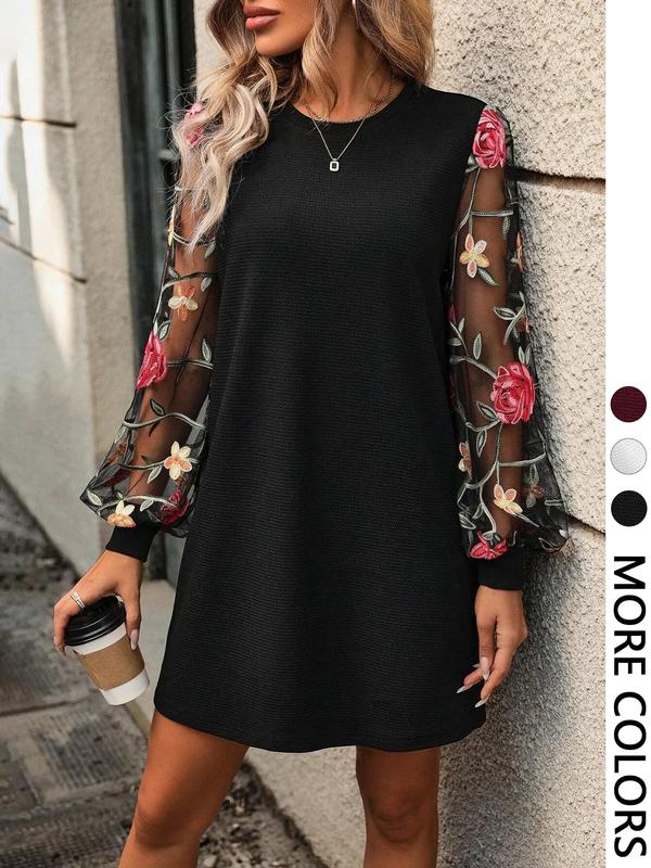 LENI™ - Elegant Floral Embroidered Bishop Sleeve Dress with Long Sleeves and Round Neck