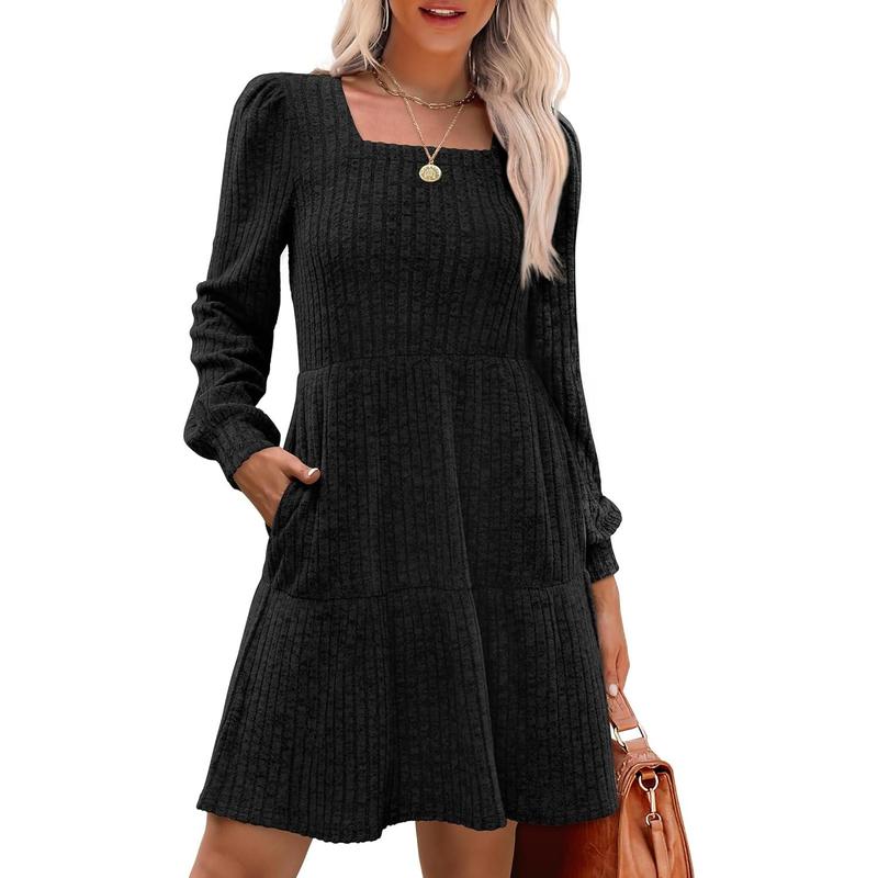 ELIZA™ - Comfy Square Neck Long Sleeve Babydoll Sweater Dress