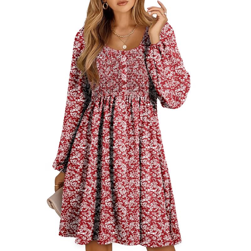 HARPER™ - Casual A-Line Dress with Smocked Empire Waist and Button-Up Detail