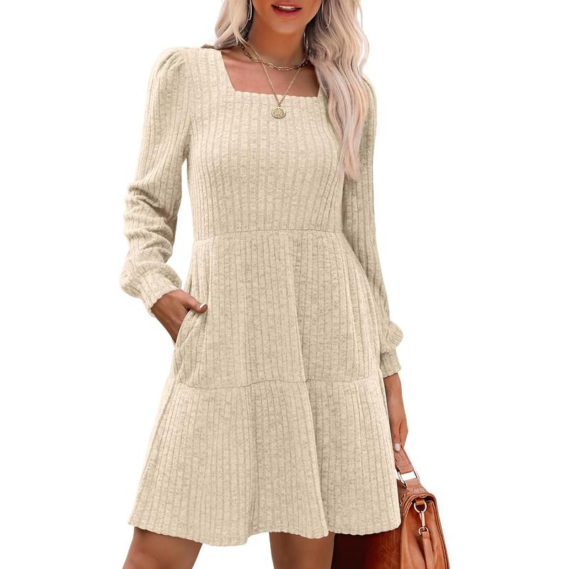 ELIZA™ - Comfy Square Neck Long Sleeve Babydoll Sweater Dress