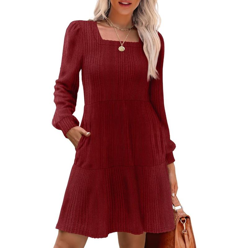 ELIZA™ - Comfy Square Neck Long Sleeve Babydoll Sweater Dress
