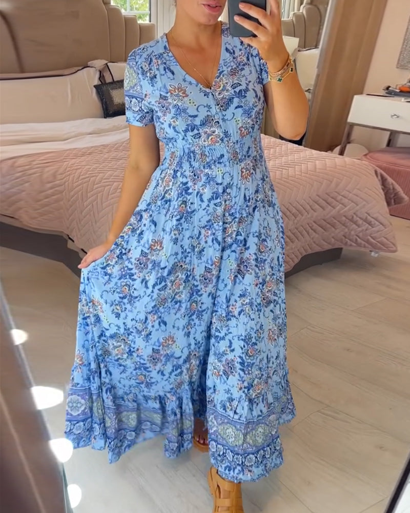 SARAH™ - Dress with Floral Pattern and V-Neck