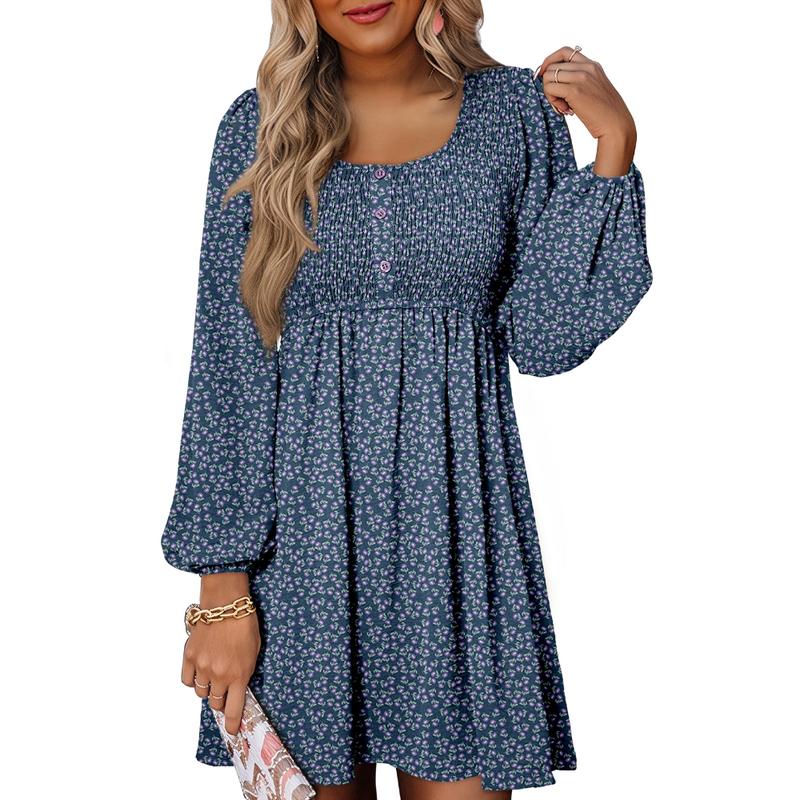 HARPER™ - Casual A-Line Dress with Smocked Empire Waist and Button-Up Detail