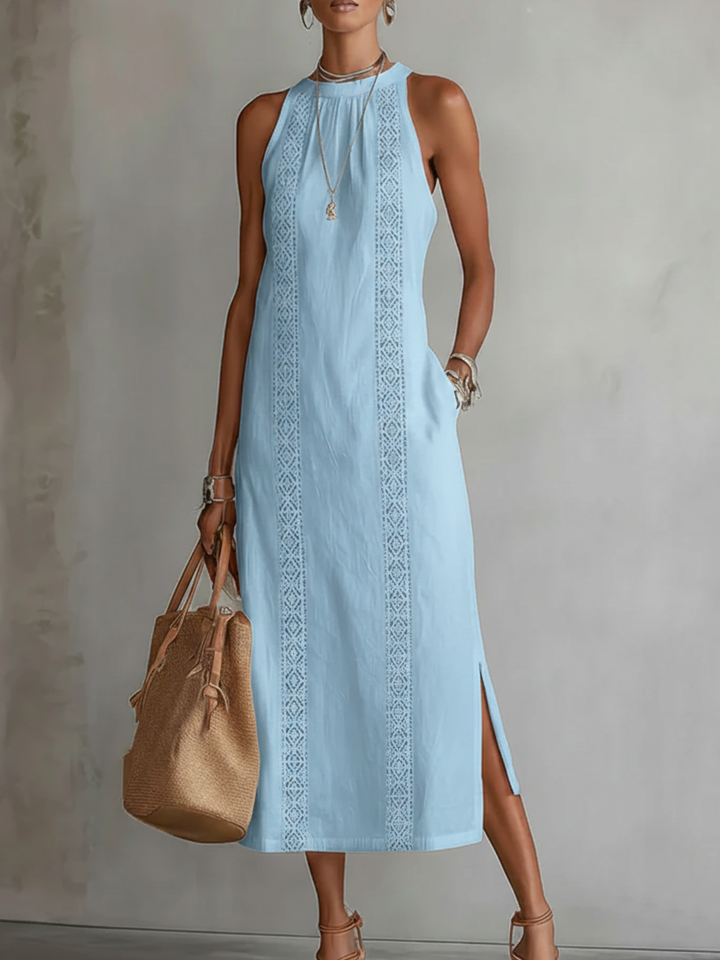 Elara Linen Mao Collar Midi Dress