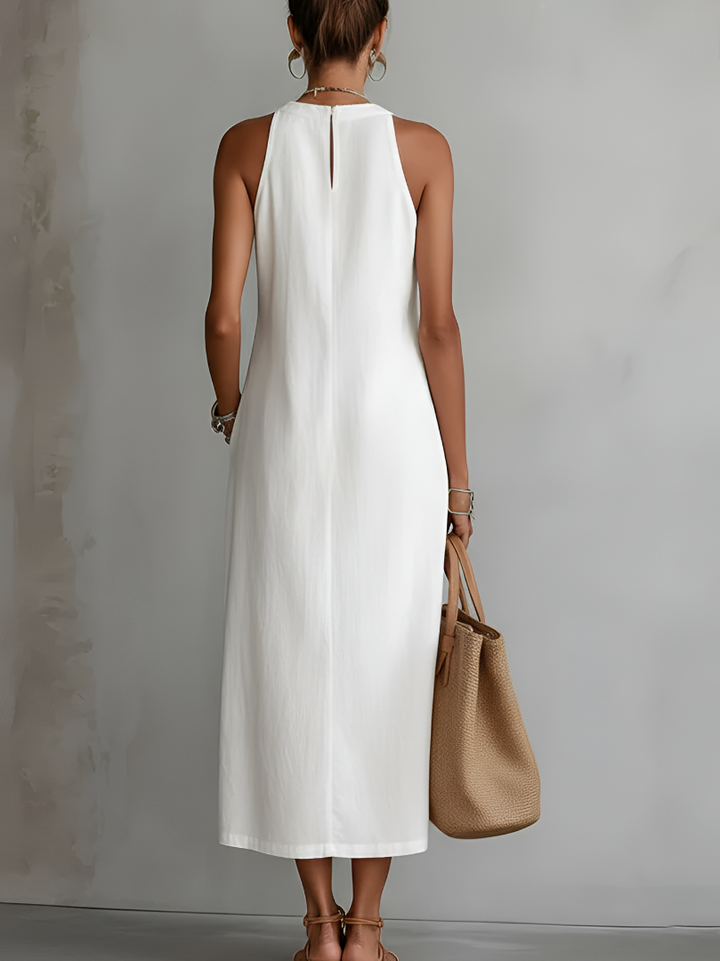 Elara Linen Mao Collar Midi Dress