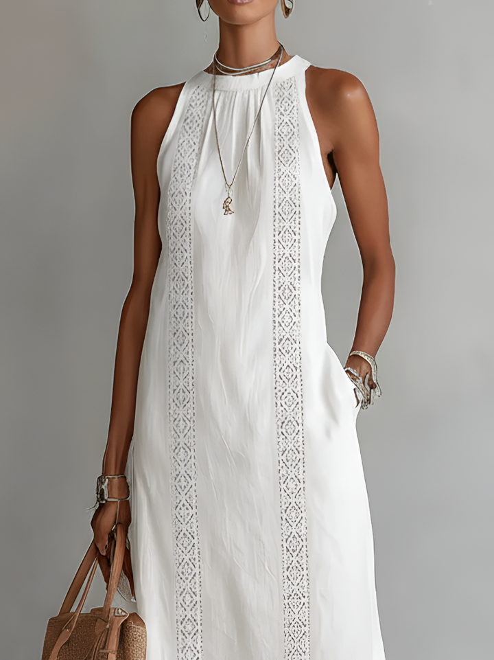 Elara Linen Mao Collar Midi Dress