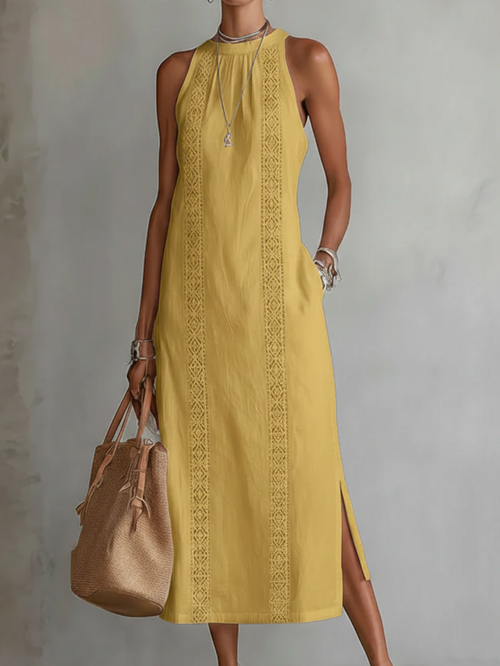 Elara Linen Mao Collar Midi Dress