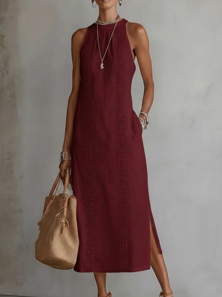 Elara Linen Mao Collar Midi Dress
