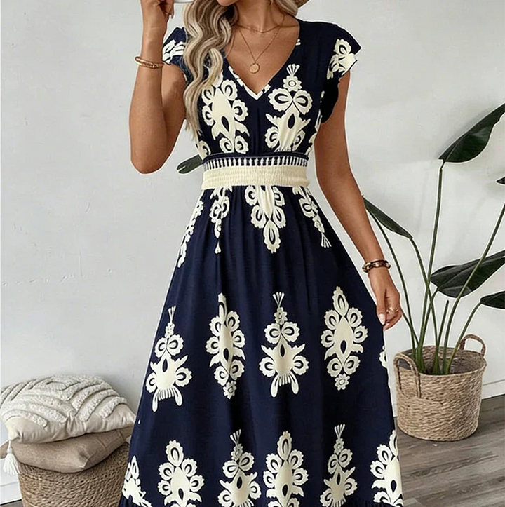Celeste | Baroque Print Maxi Dress with V-Neck and Smocked Waist